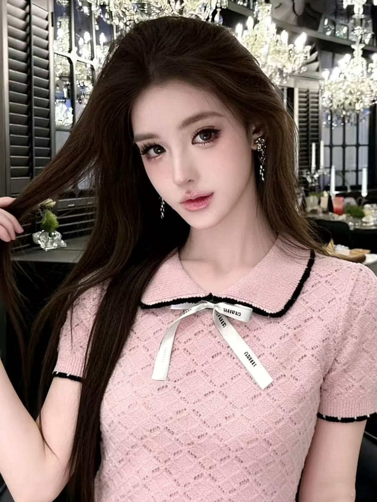 한 부서 배색 POLO 칼라 니트 반팔 여성 여름 새로운 품격 패션 학원 스타일 나비 매듭 연령 감소 맨위 이미지 4