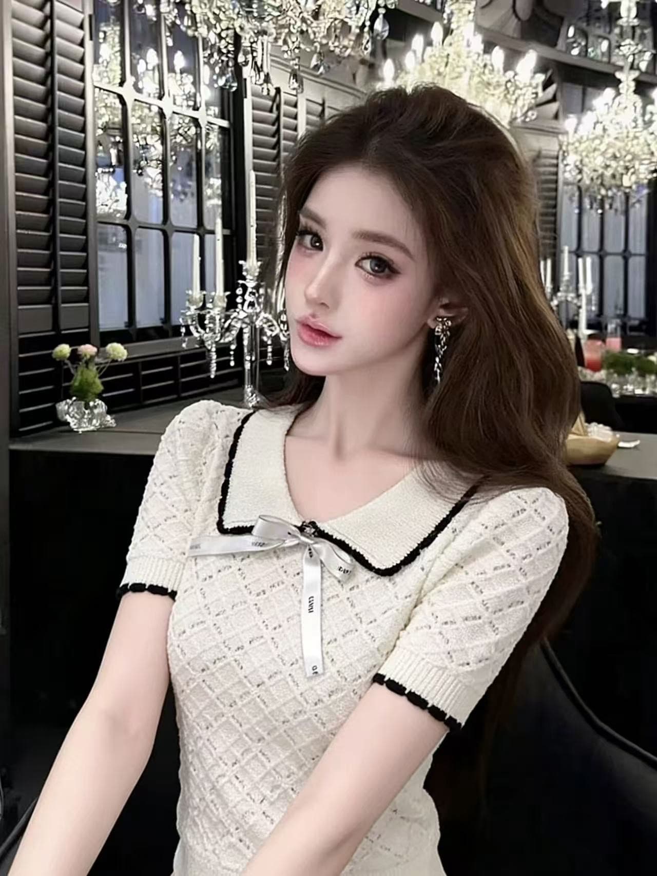 한 부서 배색 POLO 칼라 니트 반팔 여성 여름 새로운 품격 패션 학원 스타일 나비 매듭 연령 감소 맨위 상세 이미지 3