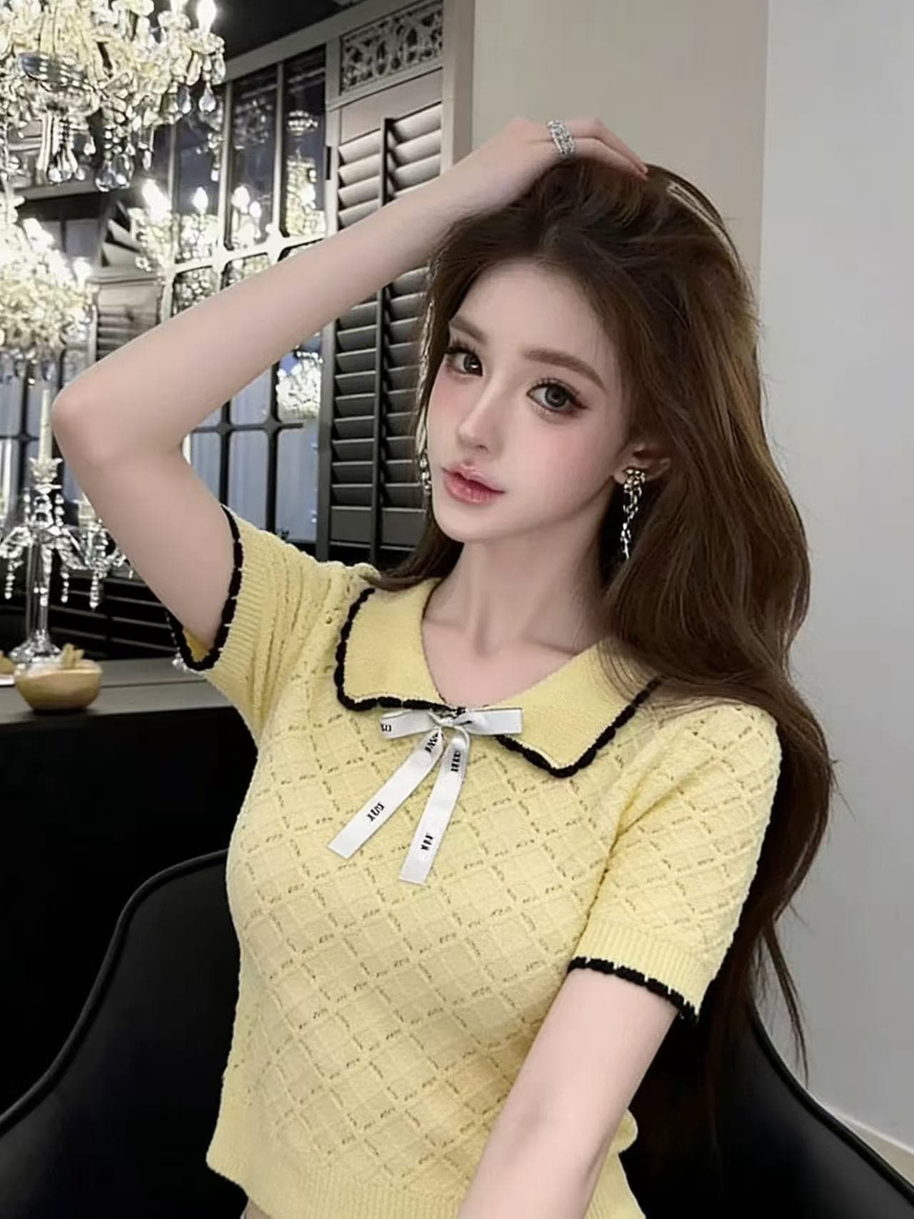 한 부서 배색 POLO 칼라 니트 반팔 여성 여름 새로운 품격 패션 학원 스타일 나비 매듭 연령 감소 맨위 상세 이미지 4