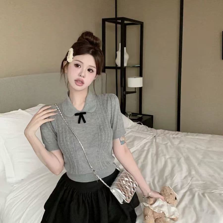 고급 센스 회색 니트 반팔 여성 여름 출퇴근 다용도 연령 감소 맨위 티셔츠 루즈핏 패션 이미지 4