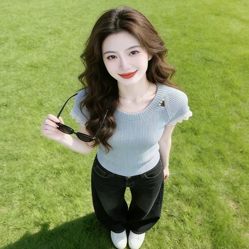 여름 새로운 프랑스식 우유 부서 부드러운 패션 품격 슈퍼 잘 생긴 다용도 홀로우 아웃 반팔 니트 티셔츠 맨위 여성 상세 이미지 5