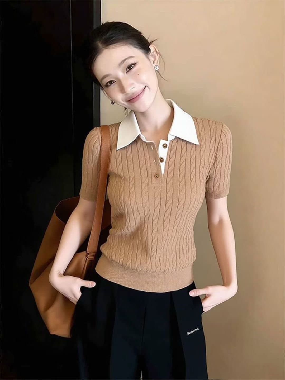 POLO 칼라 긍정적 인 어깨 반팔 니트 스웨터 여성 봄 ootd 빛 사람들 코치 착용 가져 가라. 이른 봄 품격 chic 작은 맨위 이미지 2