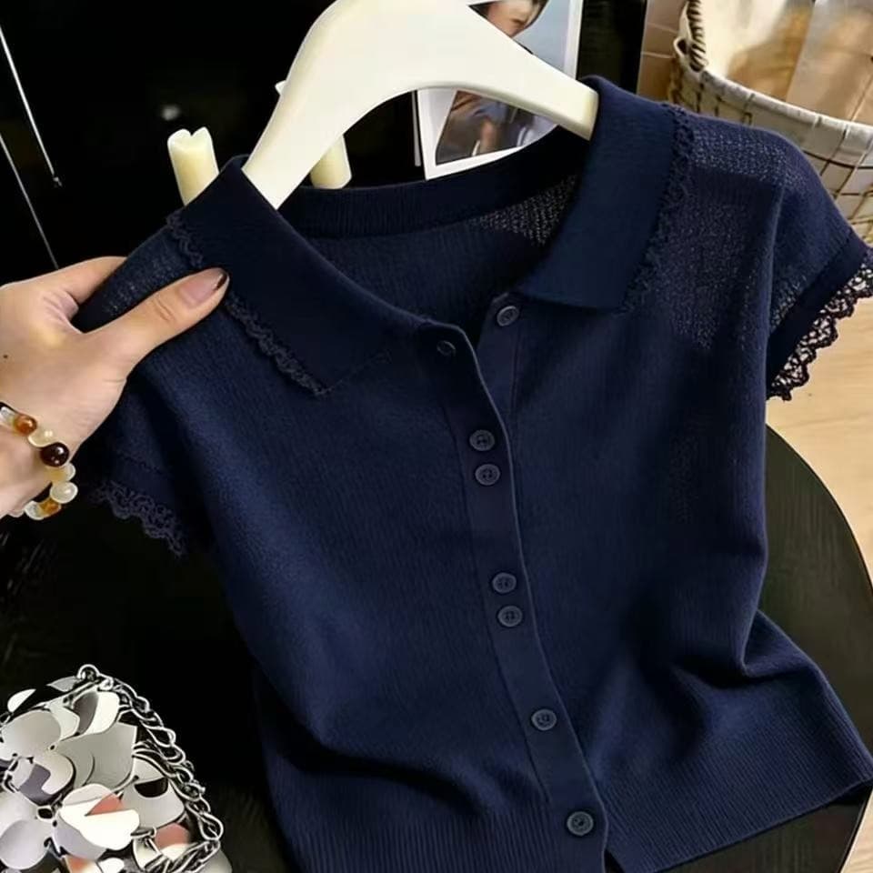 핑크색 POLO 칼라 단추 레이스 싱글 줄 버튼 반팔 티셔츠 여성 2026 새로운 여름 해변가 도파민 맨위 이미지 5