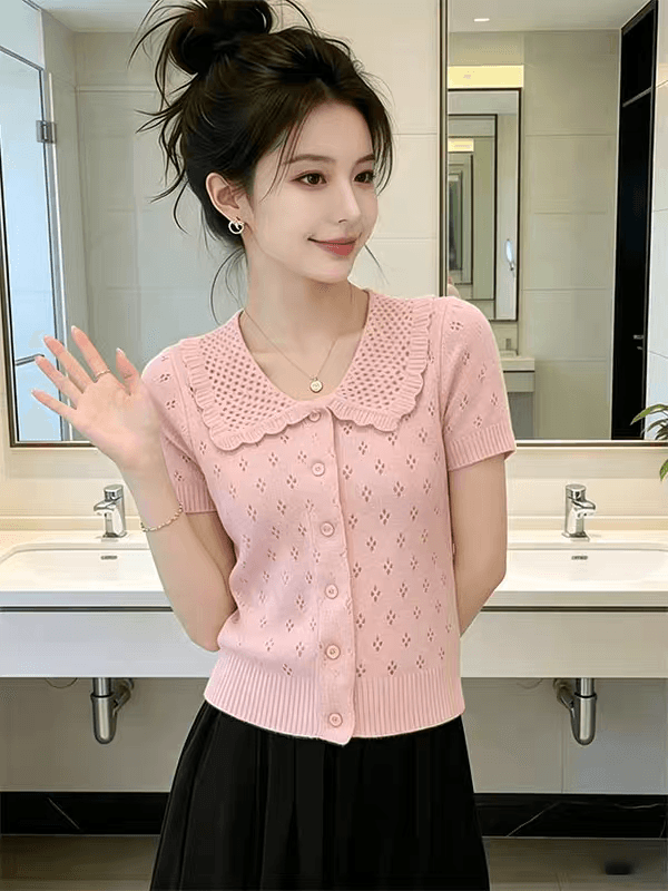 부드러운 바람 핑크색 폴로 칼라 오픈 가디건 스타일 반팔 티셔츠 여성 2026 년 새로운 여름 프랑스식 고유 한 아름다운 맨위 이미지 3