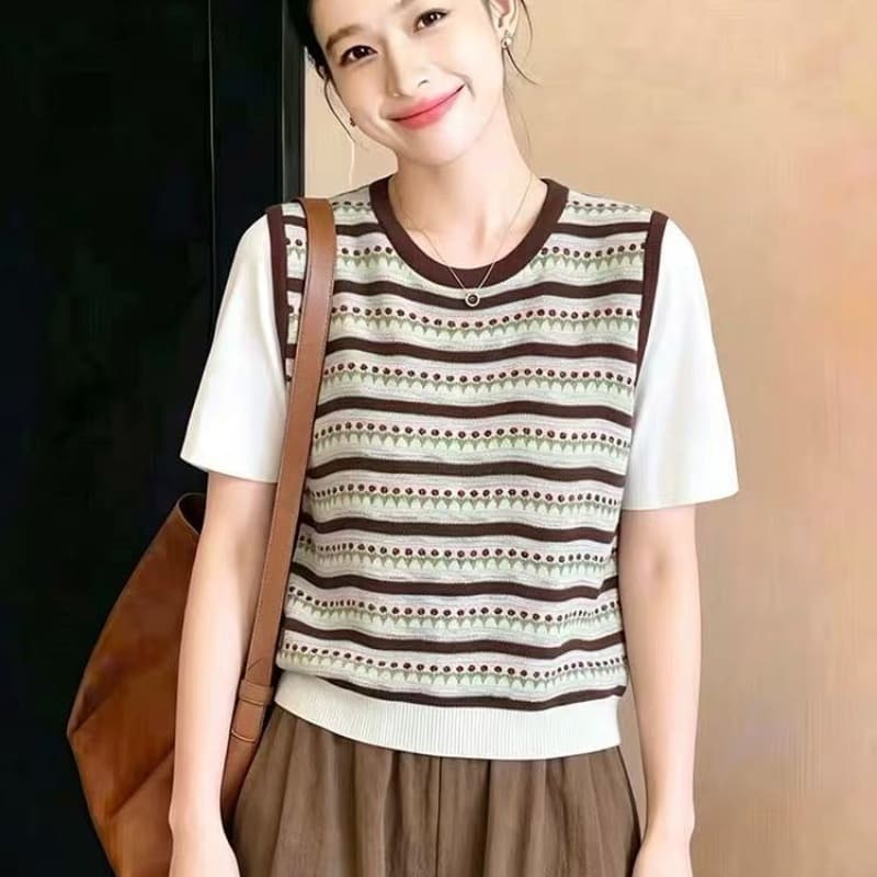 페이크 레이어드 배색 스트라이프 패치워크 반팔 얼음 실크 니트 티셔츠 여성 여름 새로운 라운드 넥 얇고 가벼운 통기성 맨위 상세 이미지 5