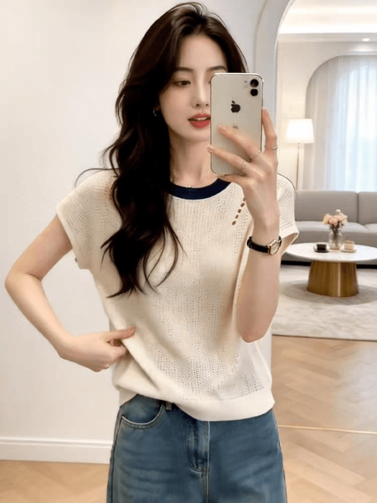 홀로우 아웃 얼음 실크 니트 반팔 티셔츠 여성 여름 한 부서 디자인 센스 고유 한 아름다운 캐주얼 다용도 얇은 스타일 맨위 이미지 3