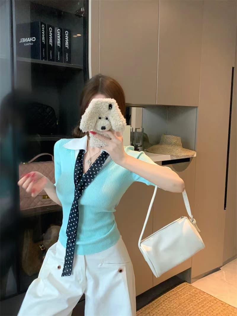 한 부서 학원 스타일 넥타이 폴로 칼라 반팔 니트 스웨터 여성 여름 2026 새로운 페이크 레이어드 몸매 가꾸기 슬림해 보이는 맨위