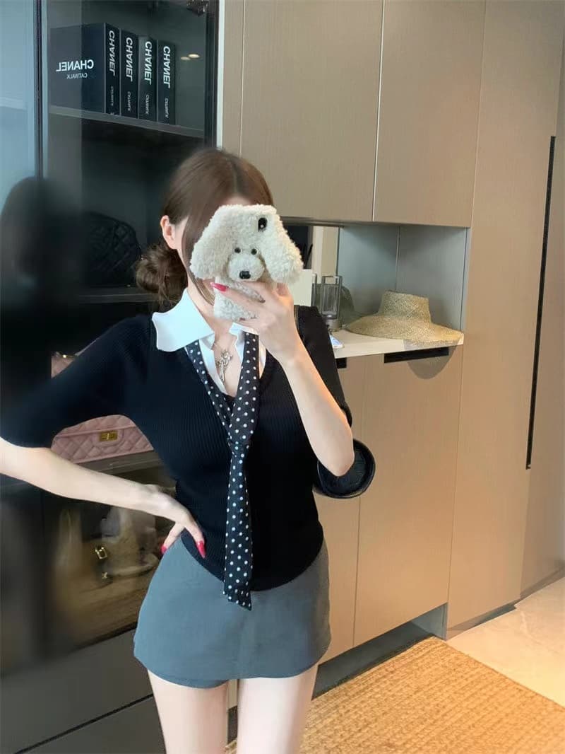한 부서 학원 스타일 넥타이 폴로 칼라 반팔 니트 스웨터 여성 여름 2026 새로운 페이크 레이어드 몸매 가꾸기 슬림해 보이는 맨위 이미지 3