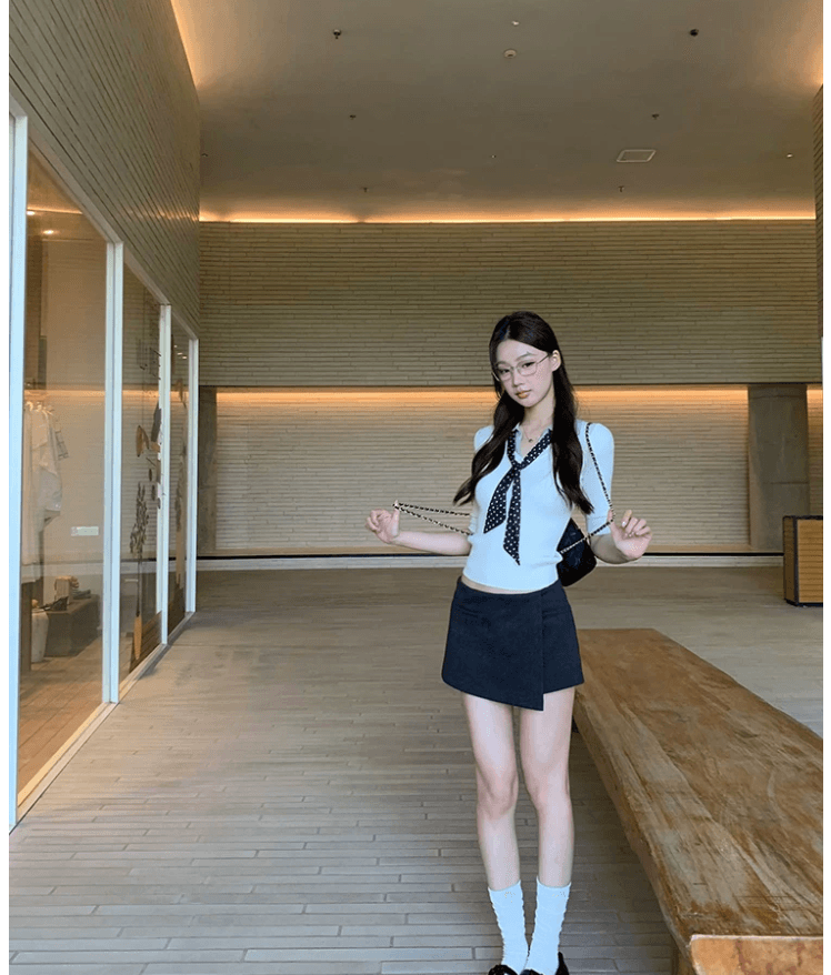 한 부서 학원 스타일 넥타이 폴로 칼라 반팔 니트 스웨터 여성 여름 2026 새로운 페이크 레이어드 몸매 가꾸기 슬림해 보이는 맨위 상세 이미지 9