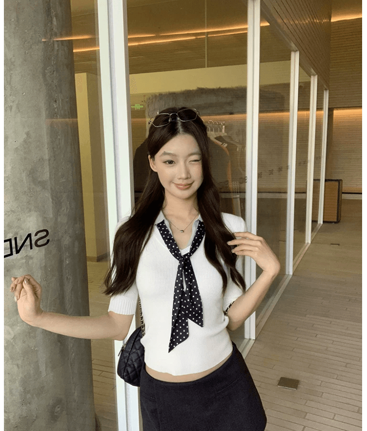 한 부서 학원 스타일 넥타이 폴로 칼라 반팔 니트 스웨터 여성 여름 2026 새로운 페이크 레이어드 몸매 가꾸기 슬림해 보이는 맨위 상세 이미지 13