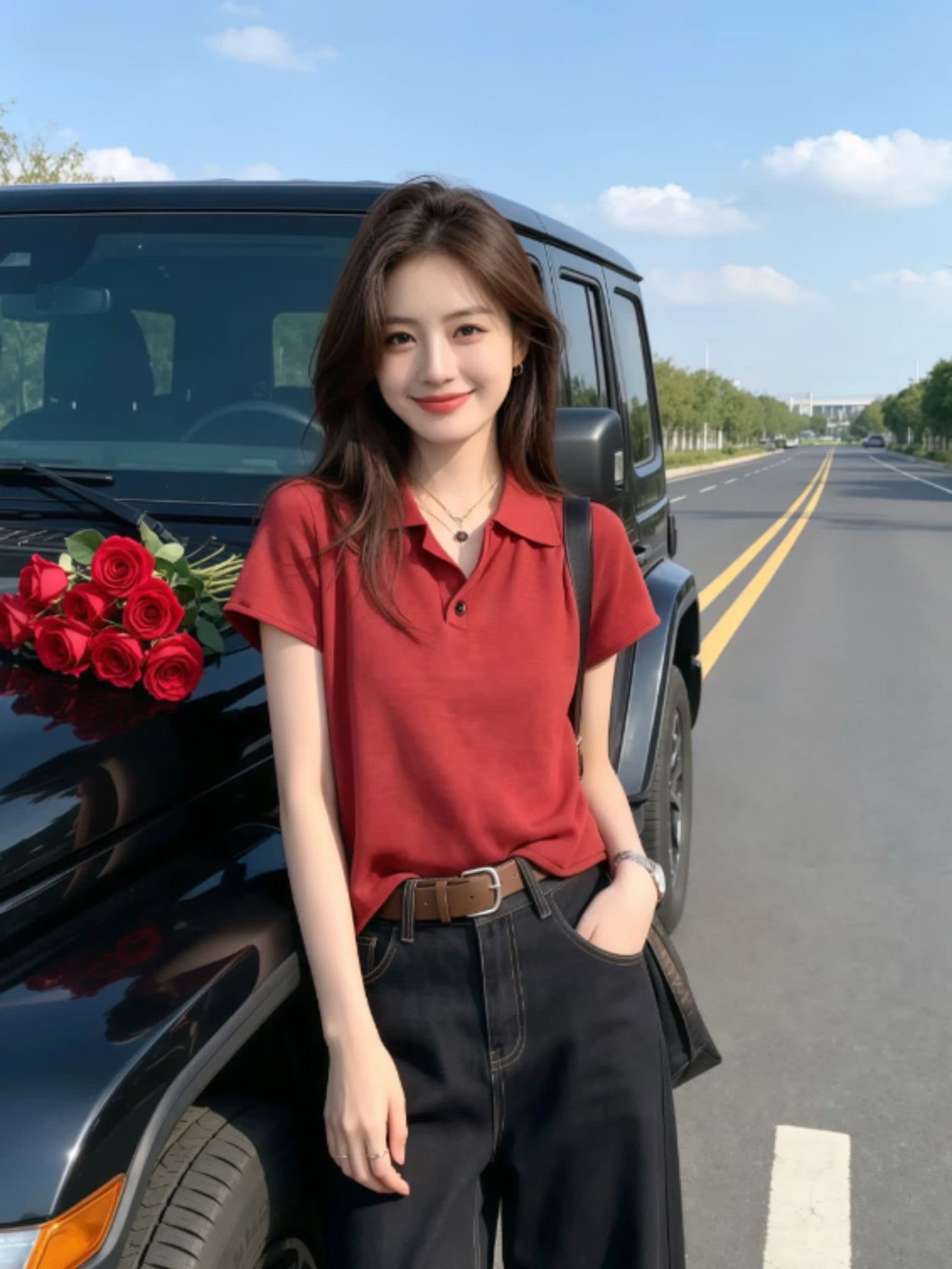 빨간색 폴로 칼라 니트 스웨터 여성 여름 몸매 가꾸기 슬림해 보이는 얼음 실크 얇은 스타일 긍정적 인 어깨 반팔 POLO 셔츠 티셔츠 맨위 이미지 4