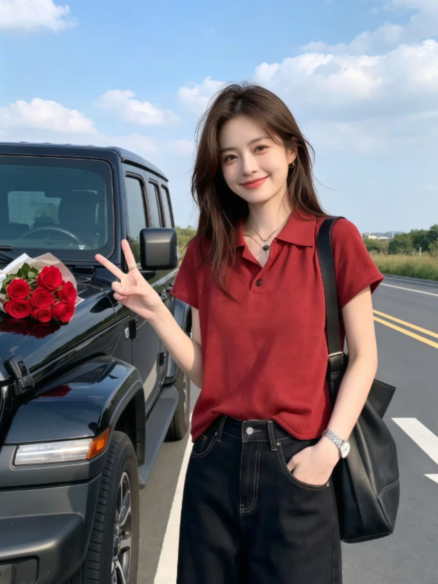 빨간색 폴로 칼라 니트 스웨터 여성 여름 몸매 가꾸기 슬림해 보이는 얼음 실크 얇은 스타일 긍정적 인 어깨 반팔 POLO 셔츠 티셔츠 맨위 상세 이미지 4