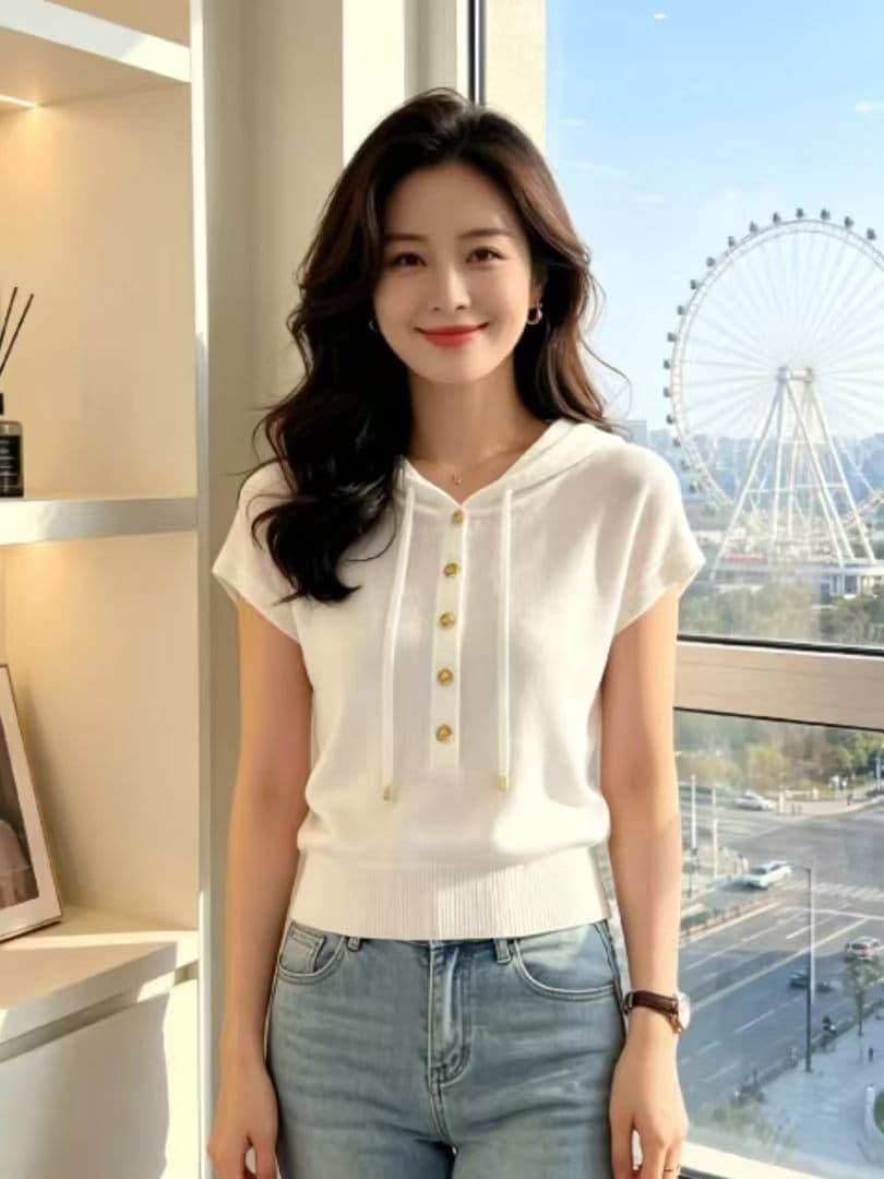 한 부서 익스트림 제인 바람 후드 반팔 니트 스웨터 티셔츠 여성 여름 고급 센스 품격 연령 감소 몸매 가꾸기 슬림해 보이는 맨위 상세 이미지 1