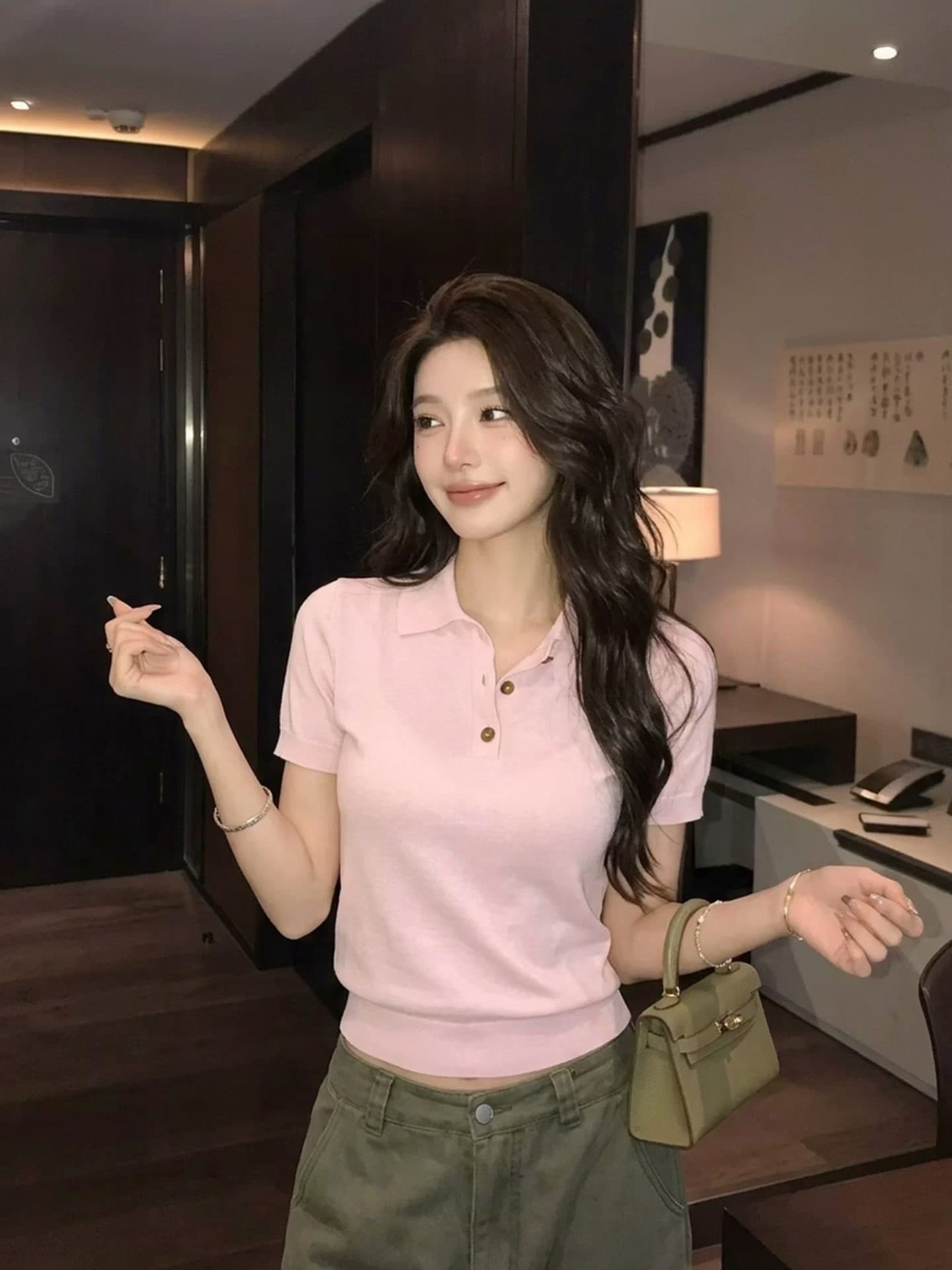 한 부서 느긋한 바람 핑크색 장난기 넘치는 POLO 칼라 니트 반팔 여성 봄 고유 한 아름다운 싱글 착용 풀오버 맨위 트렌디 상세 이미지 3