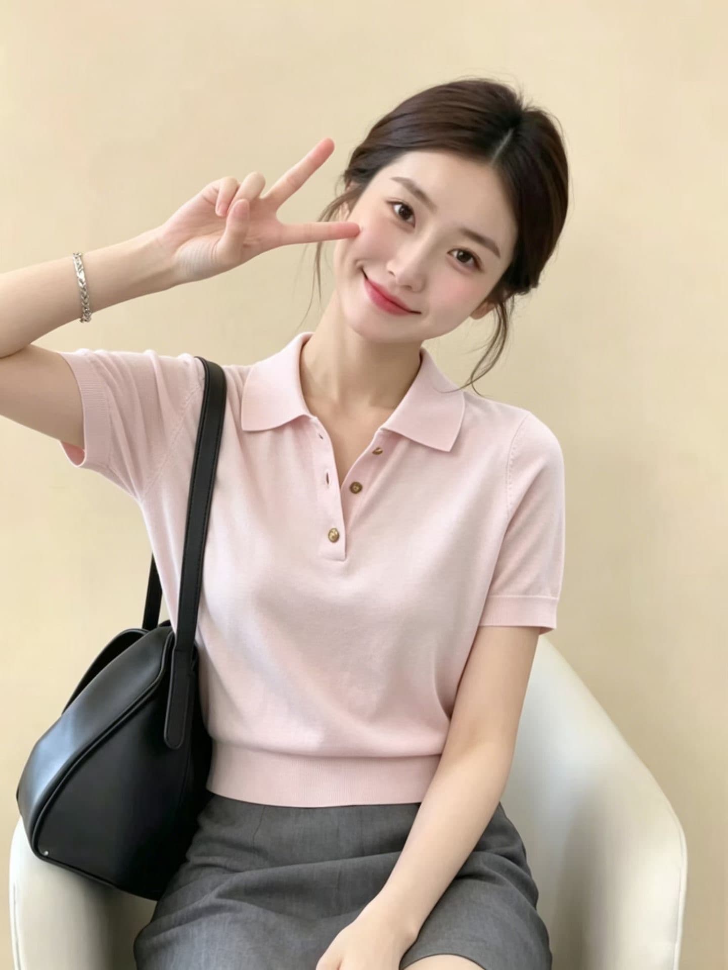 한 부서 느긋한 바람 핑크색 장난기 넘치는 POLO 칼라 니트 반팔 여성 봄 고유 한 아름다운 싱글 착용 풀오버 맨위 트렌디 상세 이미지 5