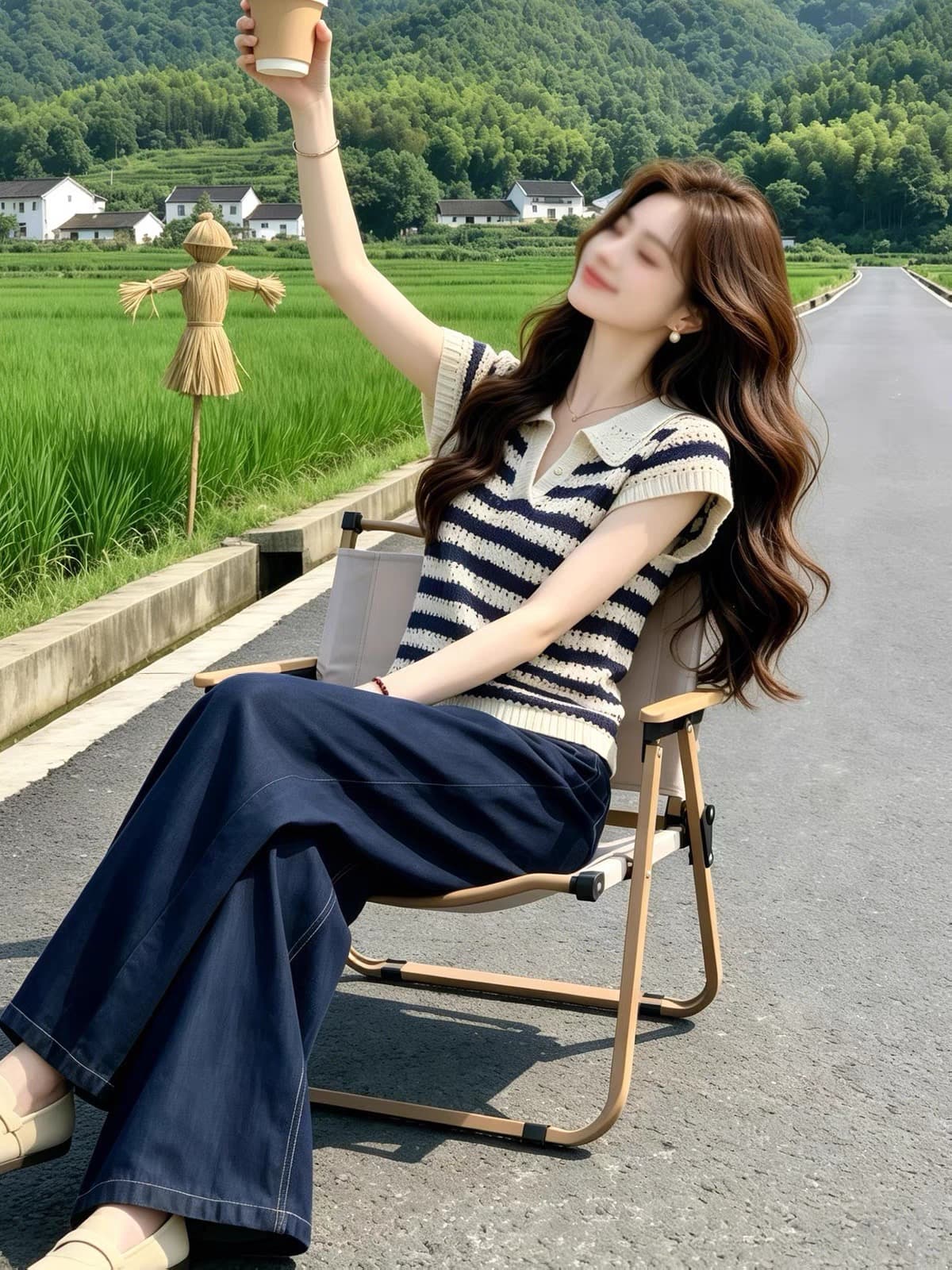 레트로 고급 센스 스트라이프 POLO 칼라 니트 스웨터 조끼 여성 여름 한국 스타일 홀로우 아웃 몸매 가꾸기 슬림해 보이는 연령 감소 맨위 상세 이미지 3