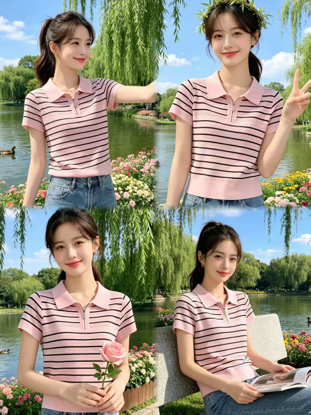 2026 여름 새로운 스트라이프 반팔 여성 폴로 칼라 라이 경기 서울 주간 실크 얇은 스타일 니트 루즈핏 자수 티셔츠 맨위