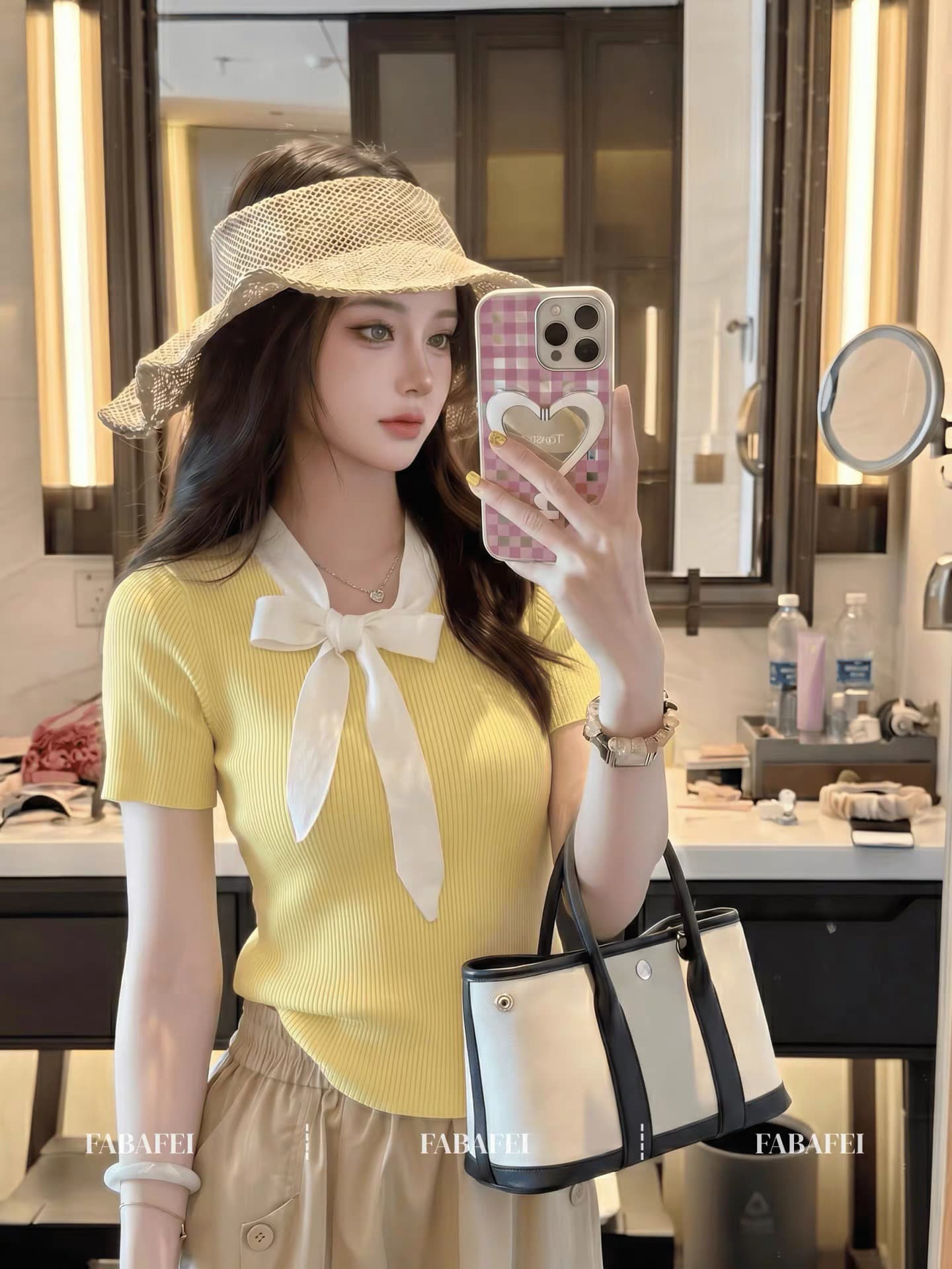 달콤함 명문 여성 바람 황색 나비 매듭 리본 니트 스웨터 여성 여름 폴로 칼라 레이스업 몸매 가꾸기 슬림해 보이는 반팔 맨위 이미지 2