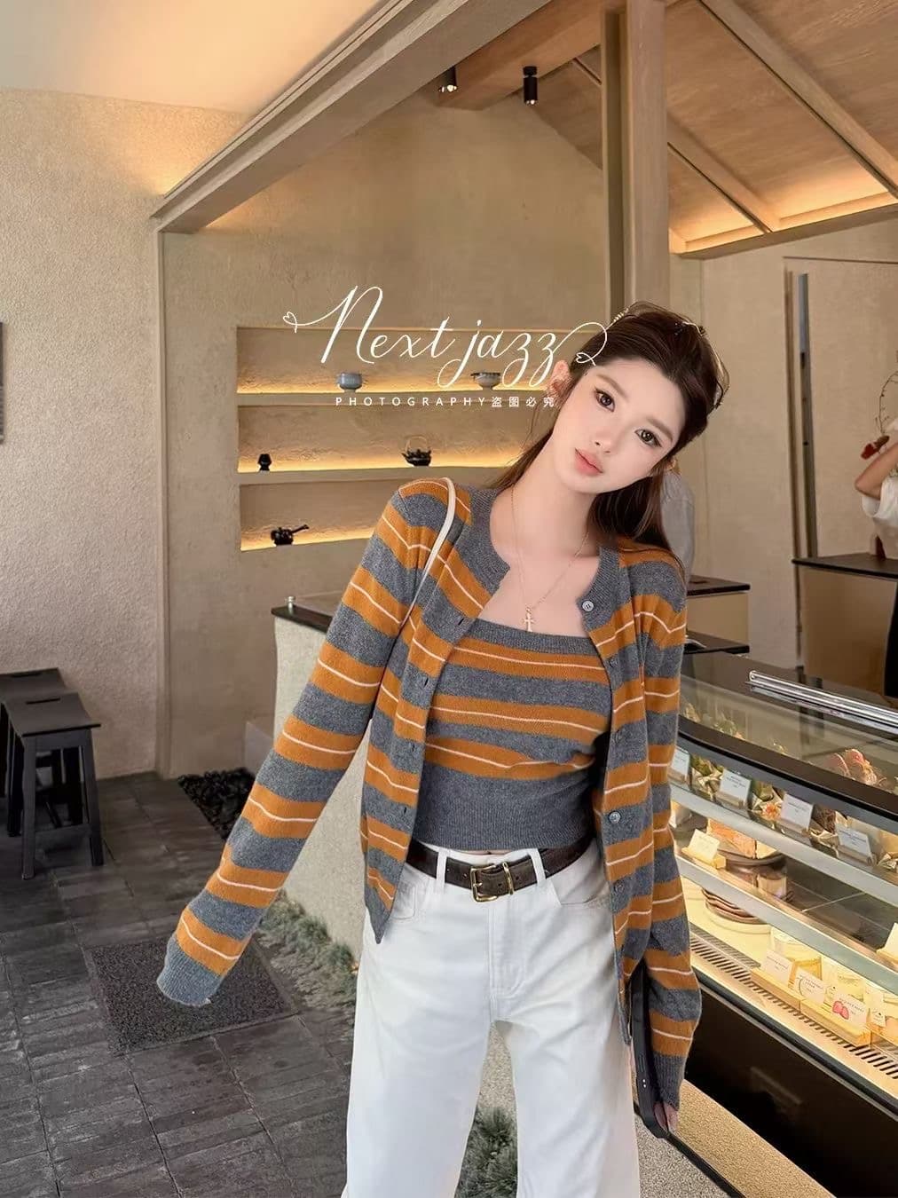 한 부서 주황색 스트라이프 스택 착용 니트 오픈 가디건 여성 조기 봄 디자인 센스 스웨터 코트 외부 가져 가라. 두 조각 스타일 맨위 이미지 4