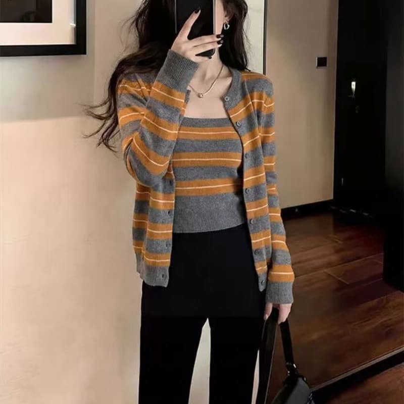 한 부서 주황색 스트라이프 스택 착용 니트 오픈 가디건 여성 조기 봄 디자인 센스 스웨터 코트 외부 가져 가라. 두 조각 스타일 맨위 이미지 5