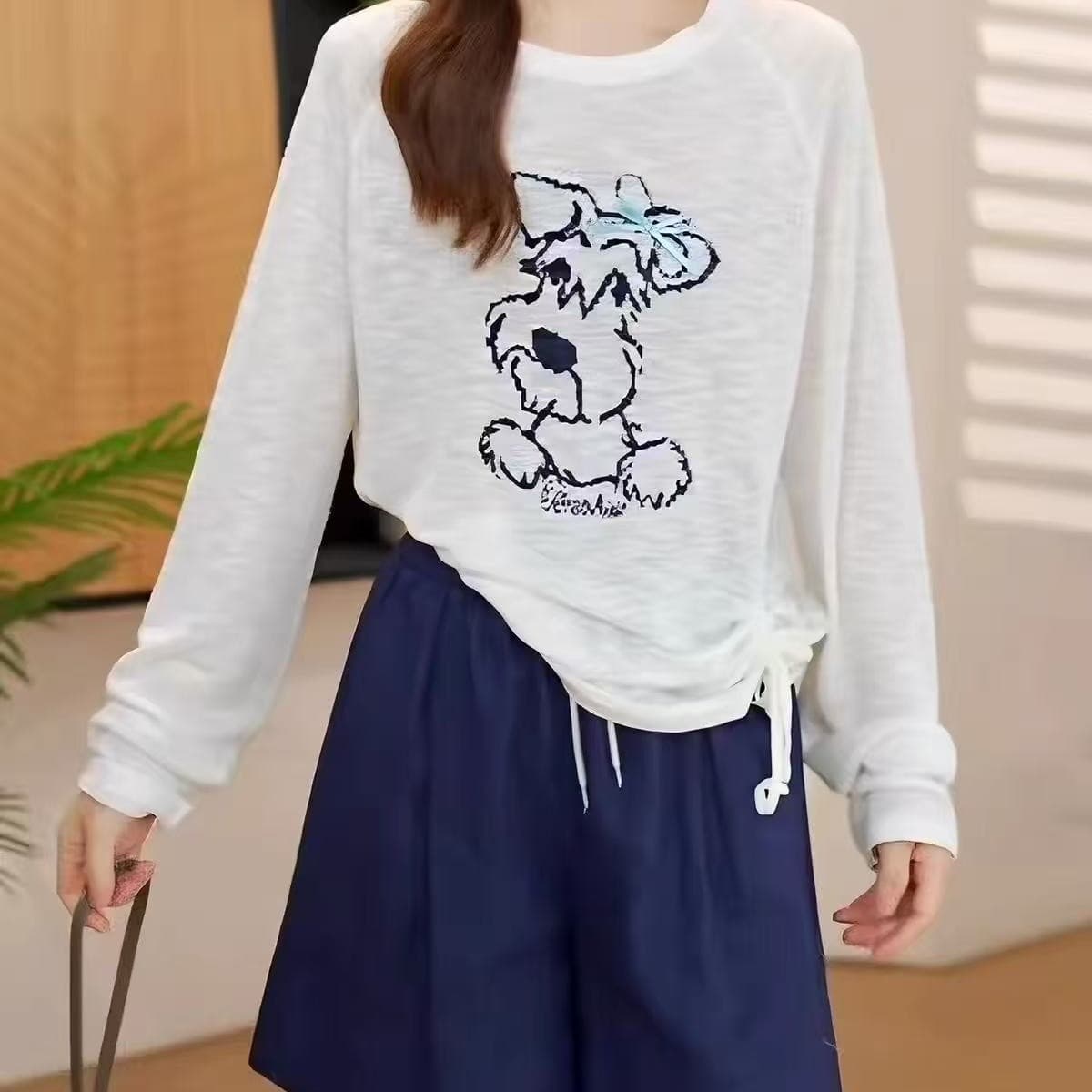한국 스타일 강아지 프린트 긴팔 아마 얼음 실크 티셔츠 여성 봄 여름 화이트 측면 펌프 로프 루즈핏 니트 블라우스 자외선 차단 이미지 5