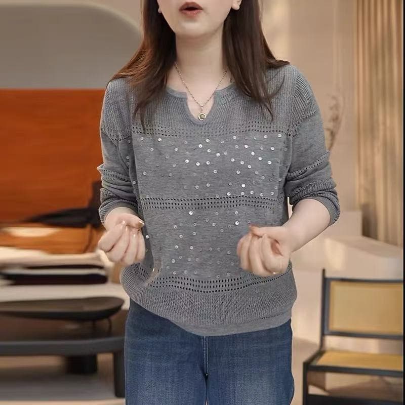 고급 센스 무거운 작업 스팽글 홀로우 아웃 긴팔 니트 스웨터 여성 가을 V넥 단색 슬림해 보이는 맨위 상세 이미지 3