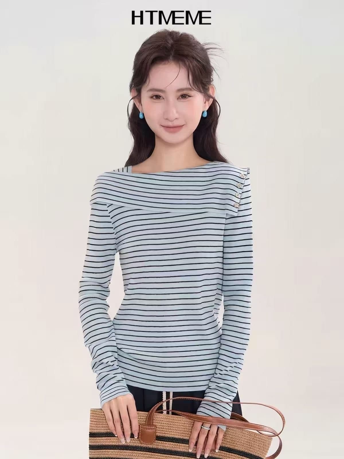 스트라이프 프릴 한 단어 비스듬한 칼라 오프숄더 긴팔 니트 스웨터 여성 봄 주름 몸매 가꾸기 다용도 예쁜 스웨터 맨위 이미지 4