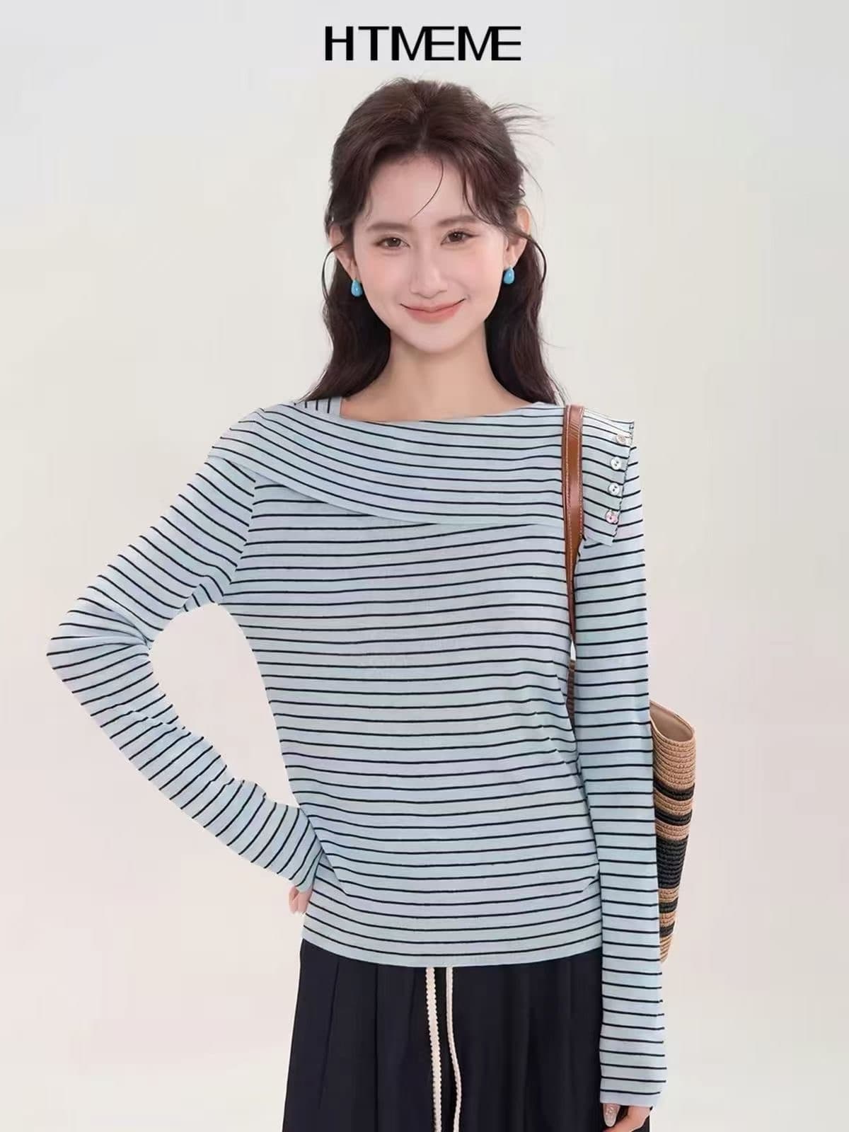 스트라이프 프릴 한 단어 비스듬한 칼라 오프숄더 긴팔 니트 스웨터 여성 봄 주름 몸매 가꾸기 다용도 예쁜 스웨터 맨위 이미지 2