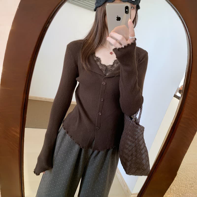 기초 섹션 얇은 양모 레이스 페이크 레이어드 니트 기본 셔츠 한국 스타일 마이크로 루즈핏 품격 다용도 맨위 여성