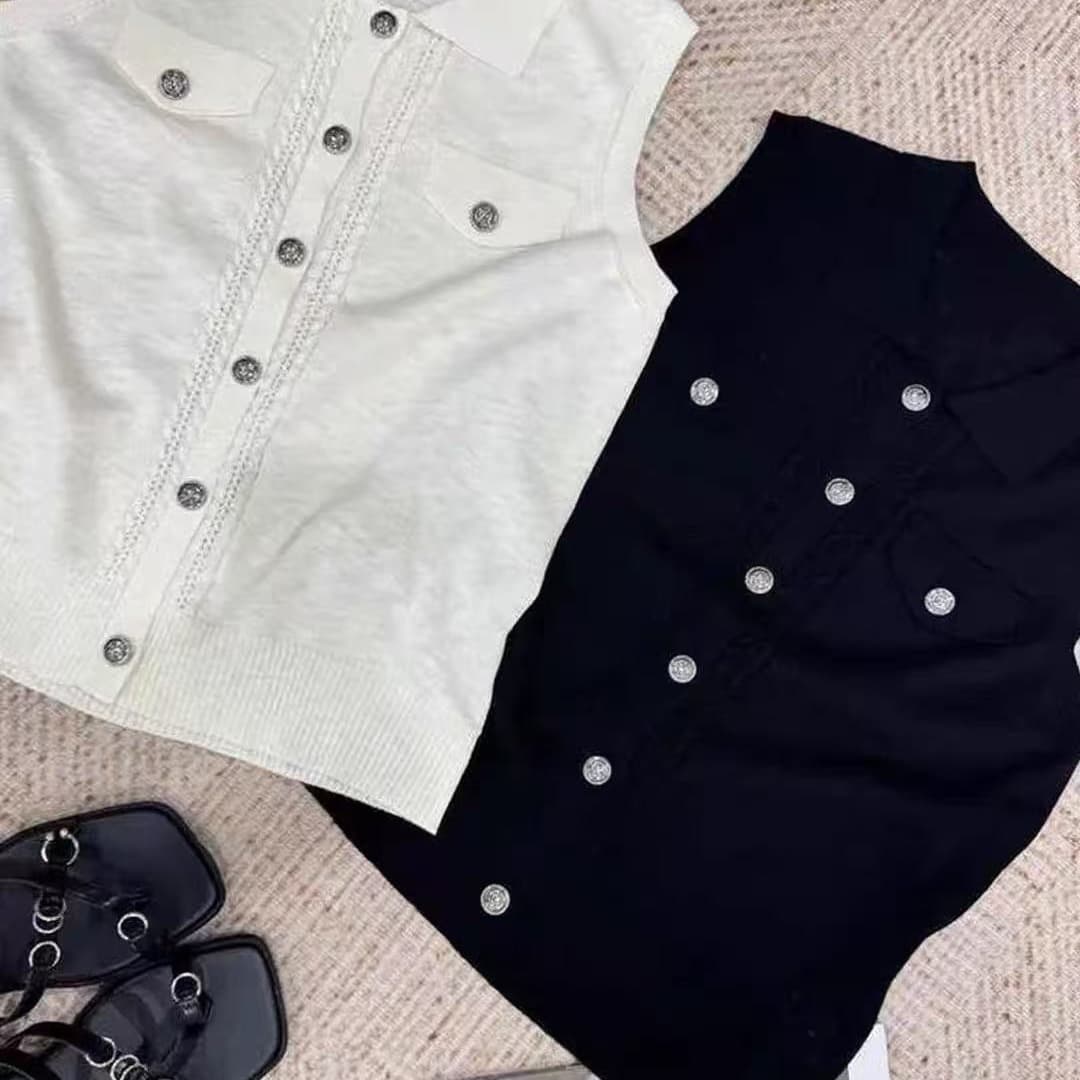오래된 돈 바람 POLO 칼라 니트 조끼 여자 여름 민소매 단추 품격 고급 센스 빛 요리 한 바람 슬림해 보이는 다용도 맨위 이미지 5