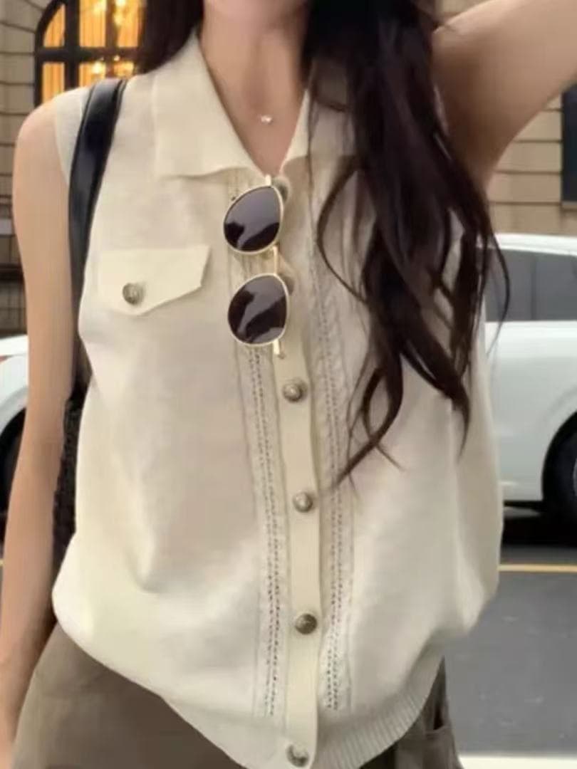 오래된 돈 바람 POLO 칼라 니트 조끼 여자 여름 민소매 단추 품격 고급 센스 빛 요리 한 바람 슬림해 보이는 다용도 맨위 상세 이미지 4
