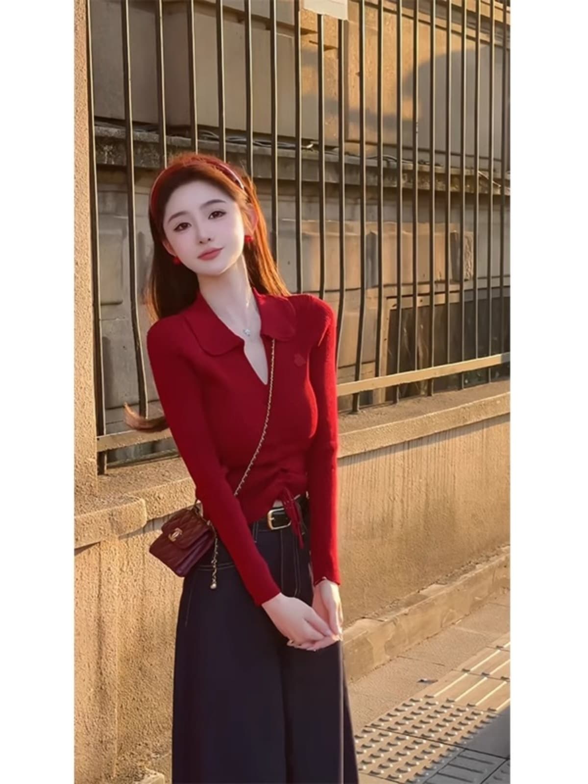 가을 의상 빨간색 니트 스웨터 쇼트 스타일 몸매 가꾸기 긴팔 스웨터 가을 겨울 새로운 이른 가을 고급 맨위 여성 의류 이미지 2
