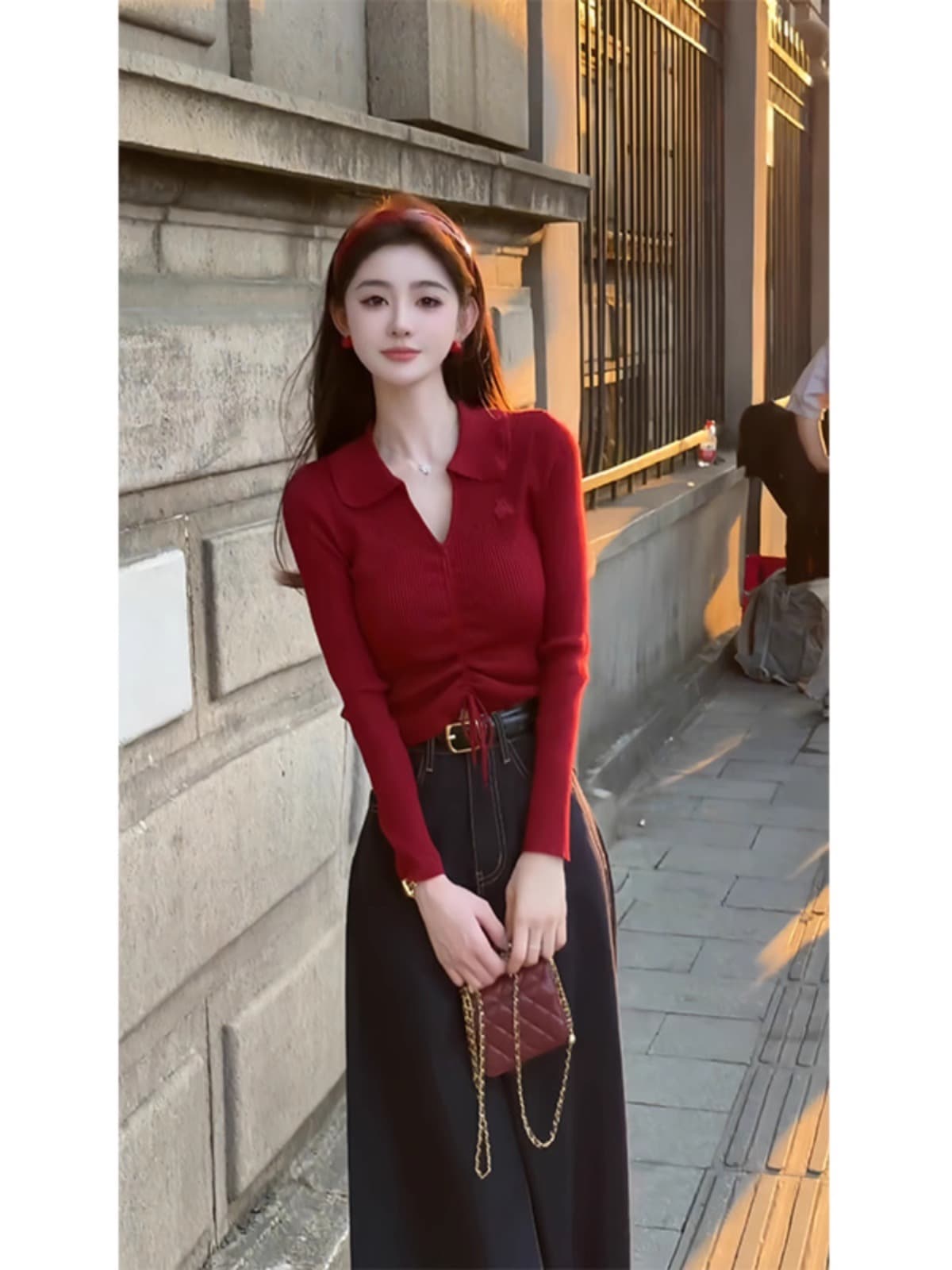 가을 의상 빨간색 니트 스웨터 쇼트 스타일 몸매 가꾸기 긴팔 스웨터 가을 겨울 새로운 이른 가을 고급 맨위 여성 의류 상세 이미지 1