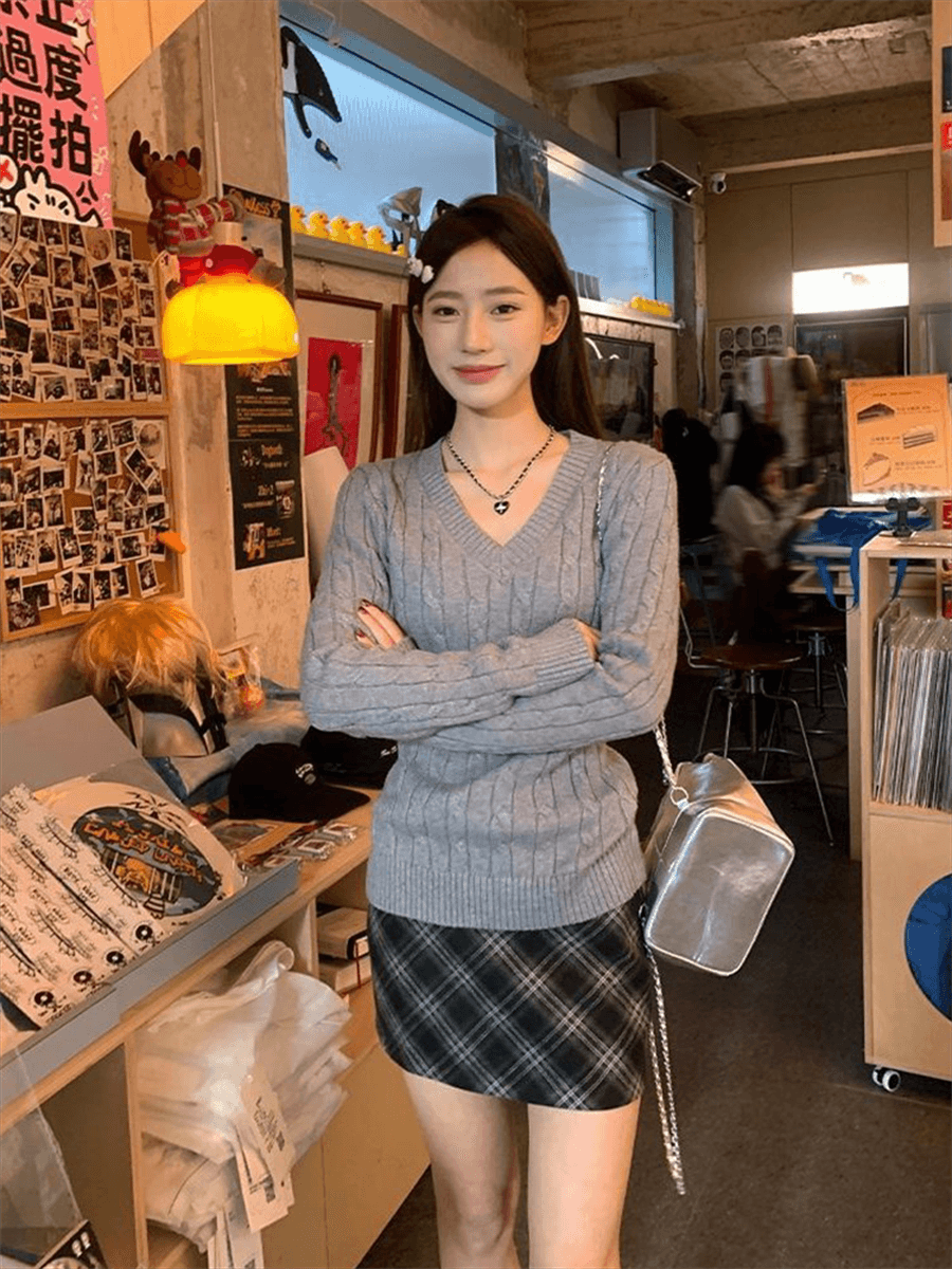 한 부서 V넥 스웨터 여자 가을 겨울철 꽈배기 두꺼운 루즈핏 인사이드 가져 가라. 외출용 느긋한 바람 니트 스웨터 맨위 상세 이미지 6