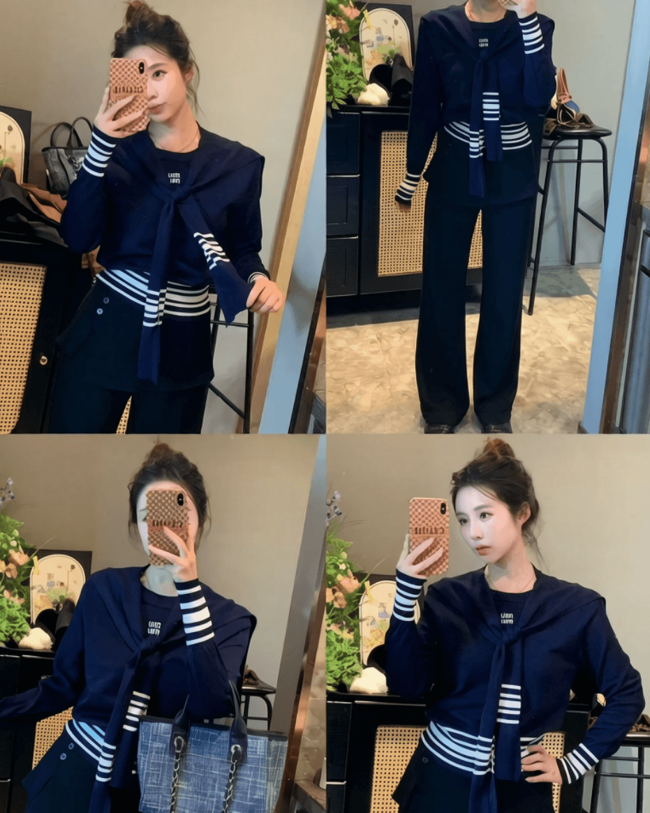 이른 가을 새로운 해군 스타일 페이크 레이어드 숄 스트라이프 긴팔 니트 스웨터 여성 몸매 가꾸기 연령 감소 품격 맨위 상세 이미지 1