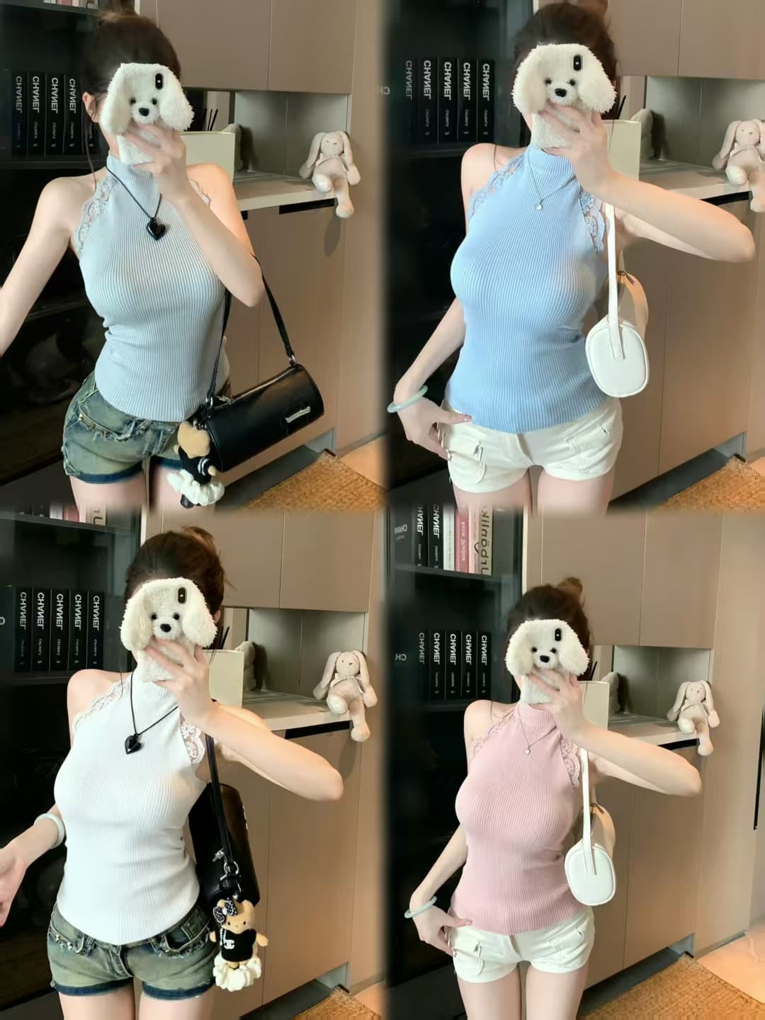 캐미솔 여름 외출용 디자인 센스 레이스 측면 민소매 행침 목 맨위
