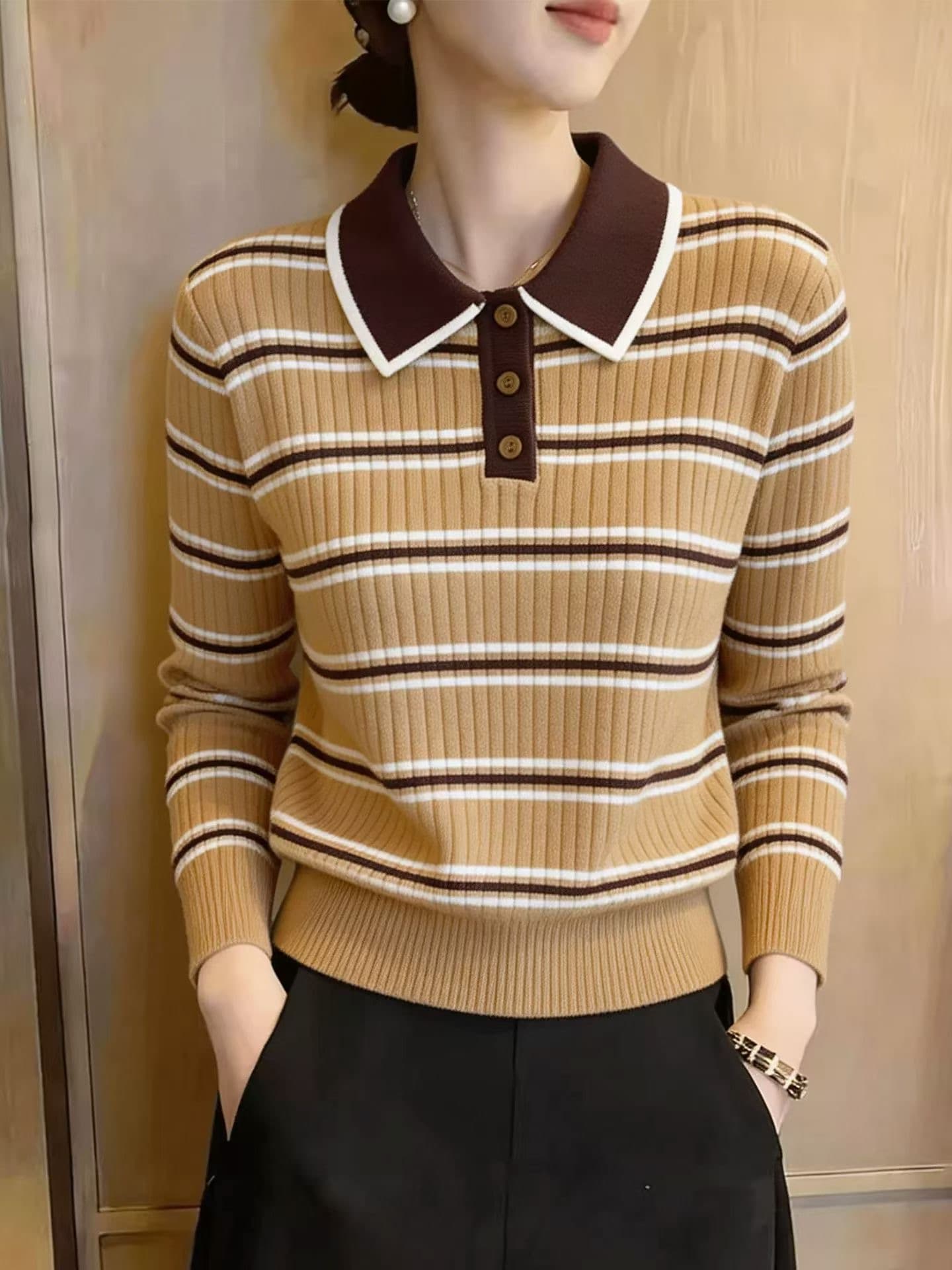 2026 이른 가을 새로운 레트로 배색 스트라이프 POLO 칼라 긴팔 니트 스웨터 여성 출퇴근 다용도 슬림해 보이는 맨위 여성 이미지 3