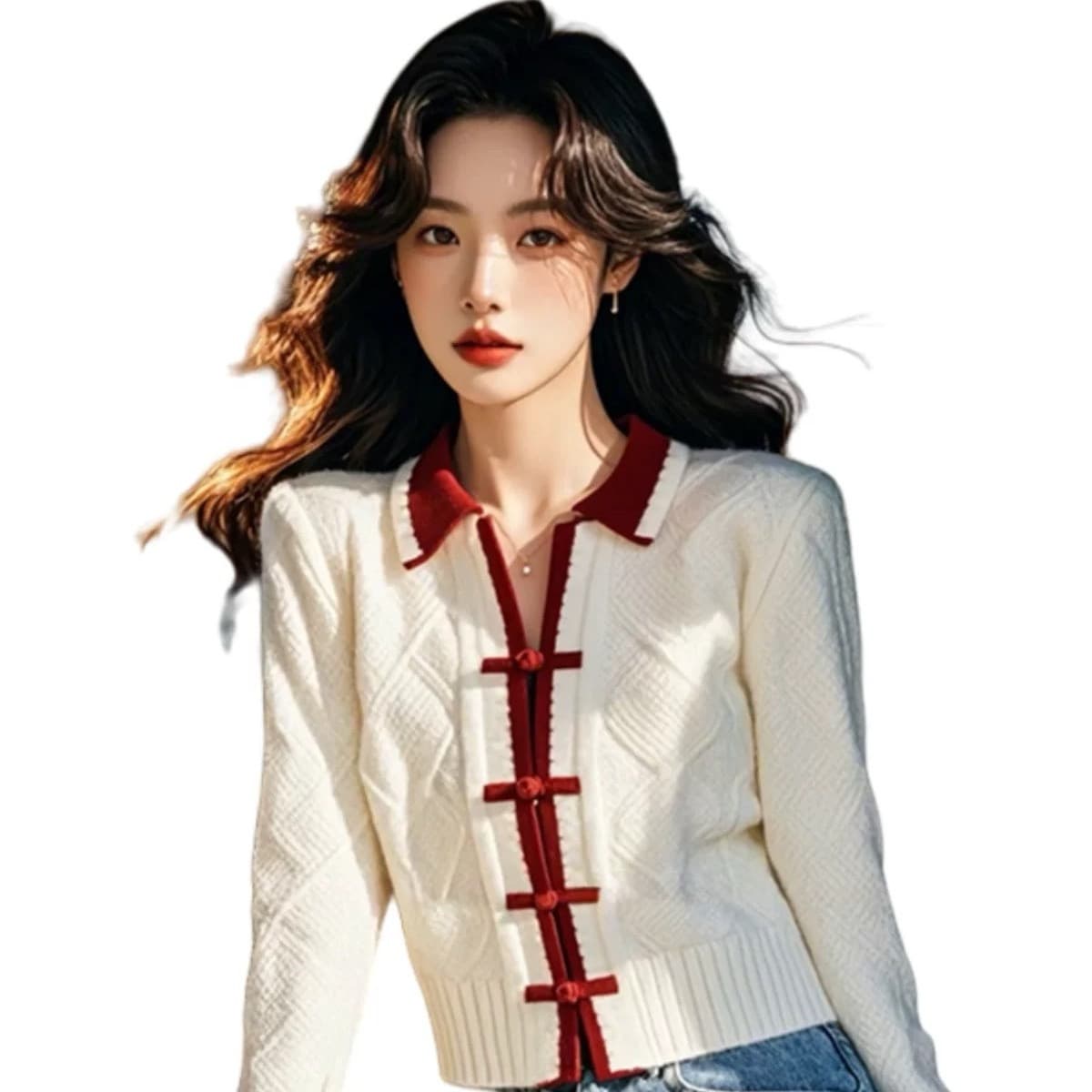 새로운 중식 국풍 패치워크 색상 POLO 칼라 긴팔 니트 스웨터 스웨터 여자 조기 가을 새로운 아니요 명중 섹션 맨위