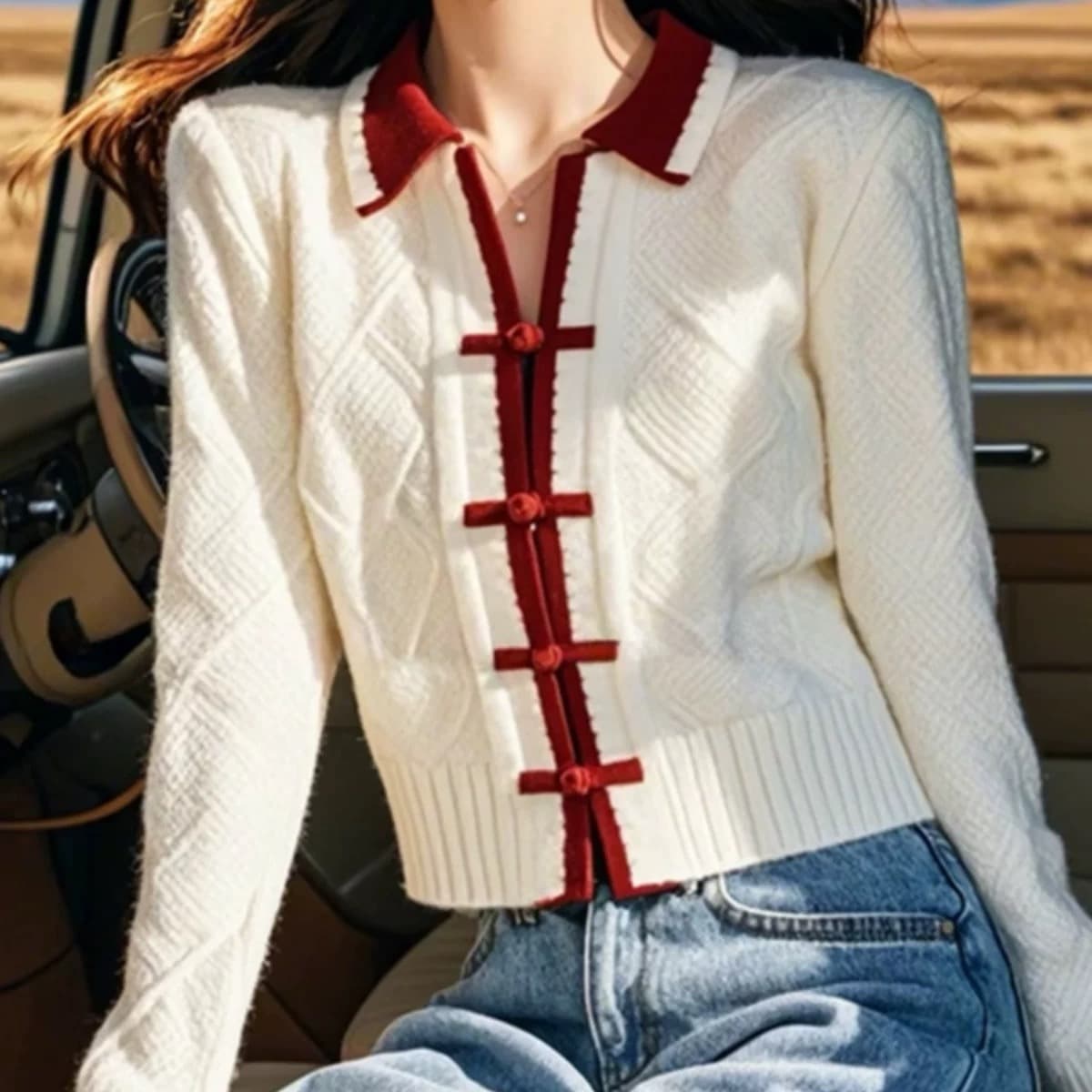 새로운 중식 국풍 패치워크 색상 POLO 칼라 긴팔 니트 스웨터 스웨터 여자 조기 가을 새로운 아니요 명중 섹션 맨위 이미지 5