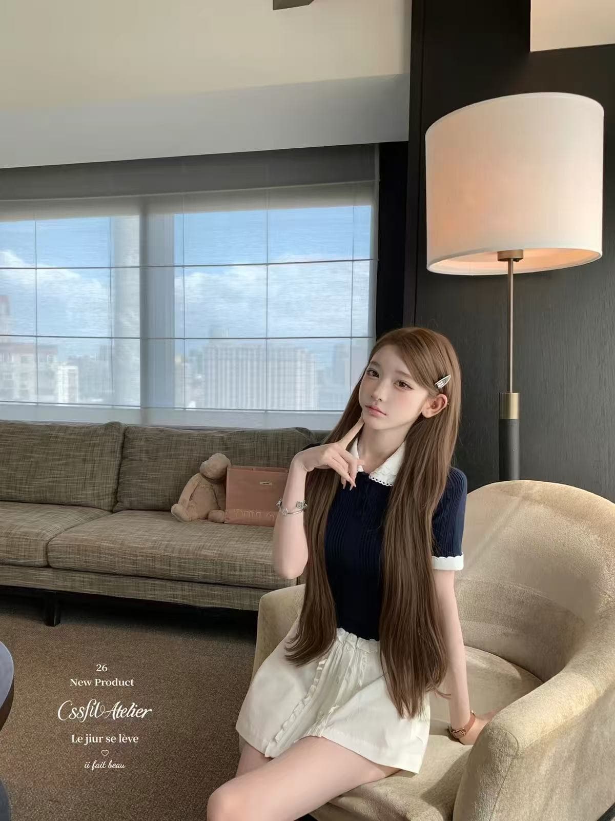 늦게 우산 우산 26 ss 복숭아 나이 미시 miu 부서 얼음 마 이중층 칼라 니트 스웨터 상세 이미지 5