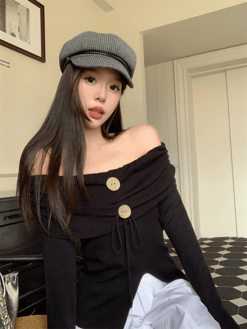 디자인 센스 수지 버클 오프숄더 작은 셔츠 여성 이른 가을 허리 수축 슬림해 보이는 주름 고유 한 Chic 아름다운 맨위 외국 가스