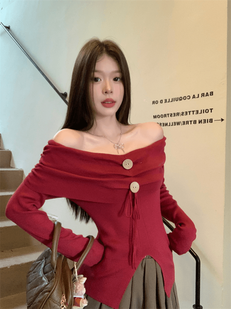 디자인 센스 수지 버클 오프숄더 작은 셔츠 여성 이른 가을 허리 수축 슬림해 보이는 주름 고유 한 Chic 아름다운 맨위 외국 가스 상세 이미지 3