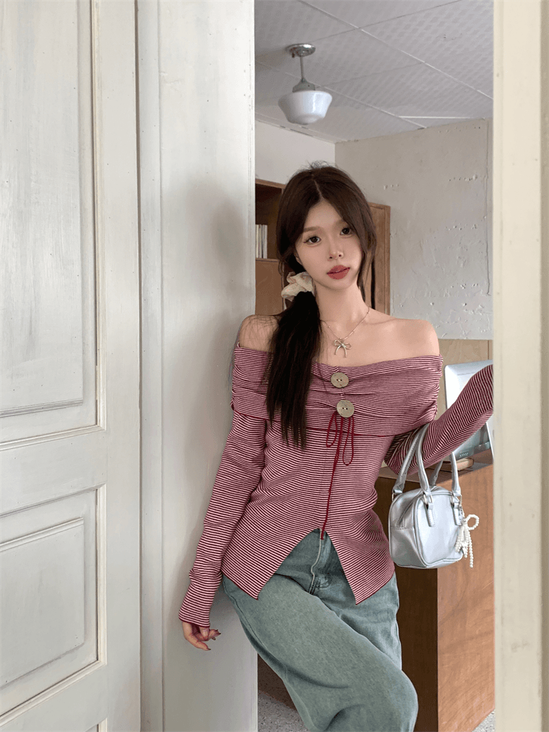 디자인 센스 수지 버클 오프숄더 작은 셔츠 여성 이른 가을 허리 수축 슬림해 보이는 주름 고유 한 Chic 아름다운 맨위 외국 가스 상세 이미지 5
