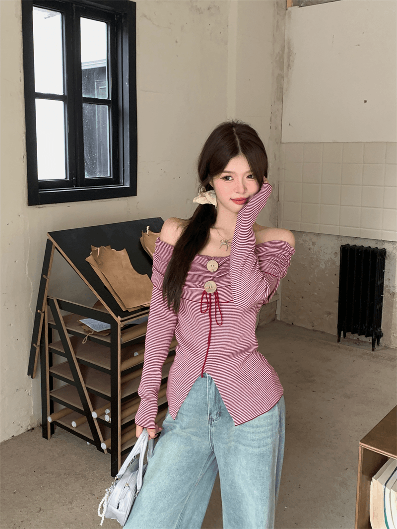 디자인 센스 수지 버클 오프숄더 작은 셔츠 여성 이른 가을 허리 수축 슬림해 보이는 주름 고유 한 Chic 아름다운 맨위 외국 가스 상세 이미지 6