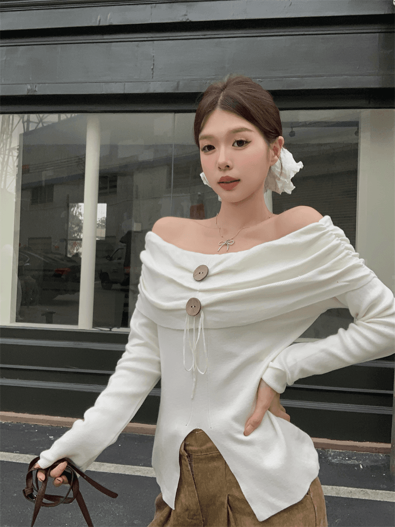 디자인 센스 수지 버클 오프숄더 작은 셔츠 여성 이른 가을 허리 수축 슬림해 보이는 주름 고유 한 Chic 아름다운 맨위 외국 가스 상세 이미지 7