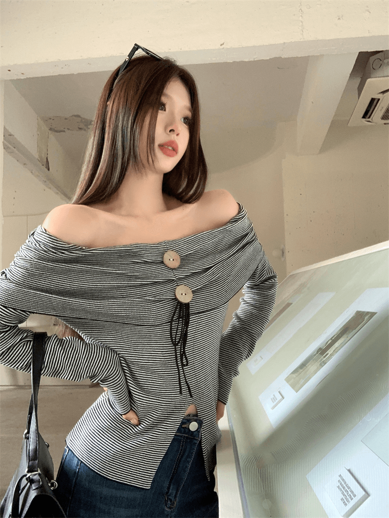 디자인 센스 수지 버클 오프숄더 작은 셔츠 여성 이른 가을 허리 수축 슬림해 보이는 주름 고유 한 Chic 아름다운 맨위 외국 가스 상세 이미지 9
