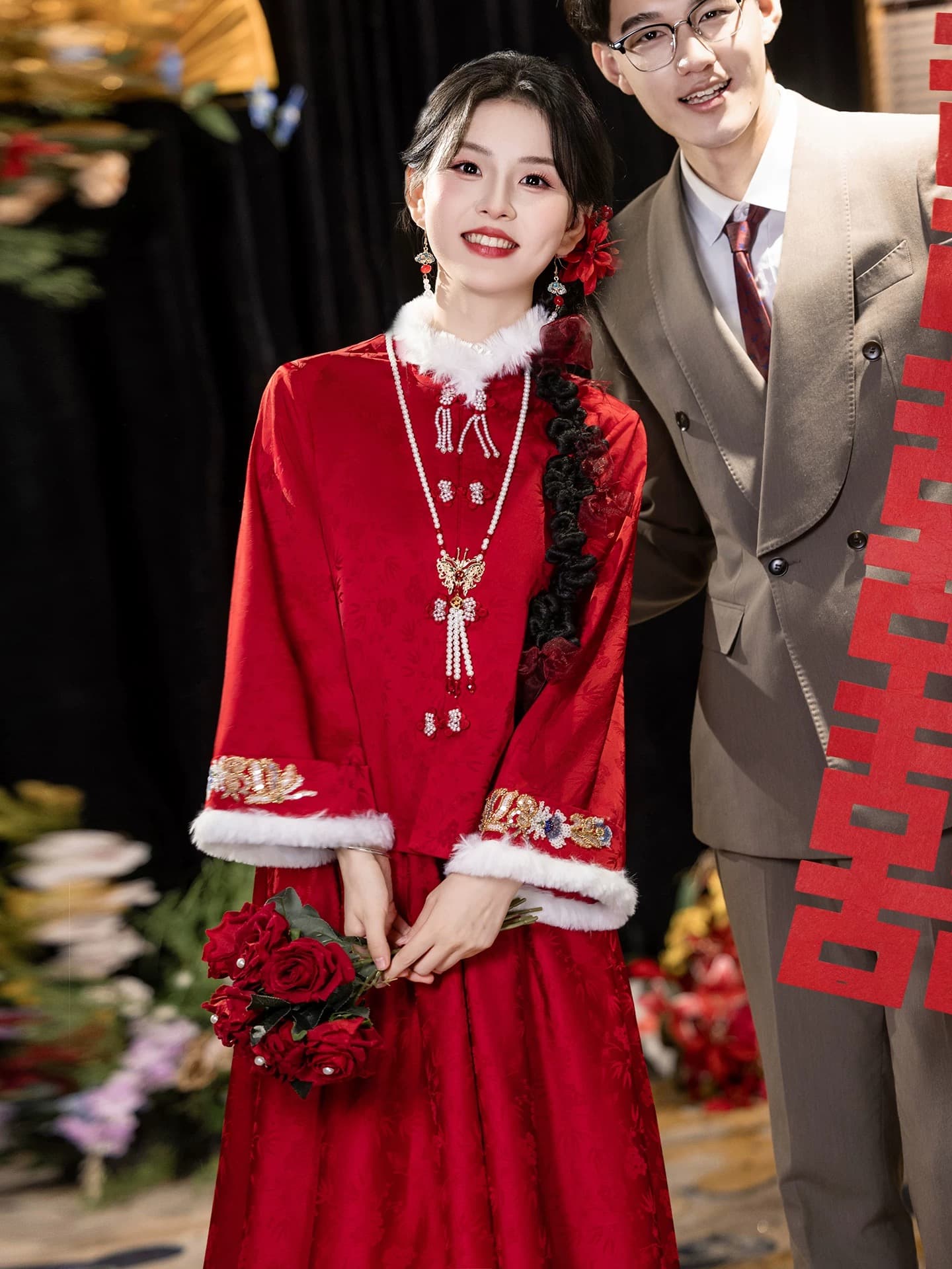 토스트 서비스 신부 2026 새로운 빨간색 고급 센스 참여 새로운 중식 보여주기 와우 서비스 결혼 서비스 결혼 예복 겨울 상세 이미지 5