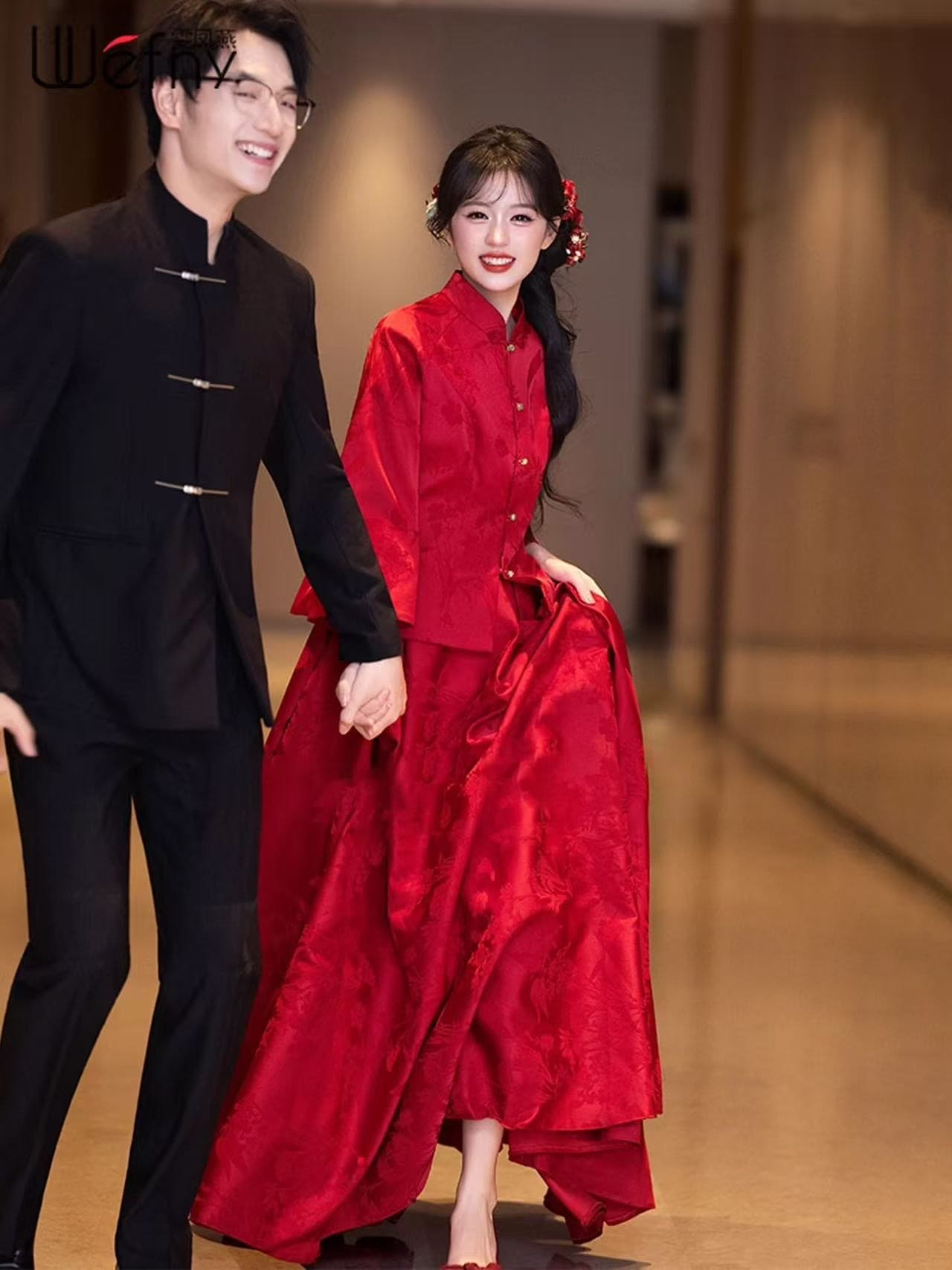새로운 중식 토스트 서비스 신부 2026 새로운 고급 센스 참여 예복 뒷문 잔치 빛 럭셔리 결혼 캐주얼웨어 빨간색 상세 이미지 1