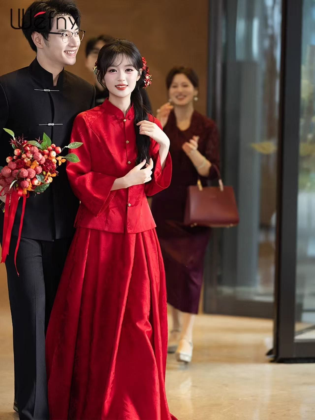 새로운 중식 토스트 서비스 신부 2026 새로운 고급 센스 참여 예복 뒷문 잔치 빛 럭셔리 결혼 캐주얼웨어 빨간색 상세 이미지 3