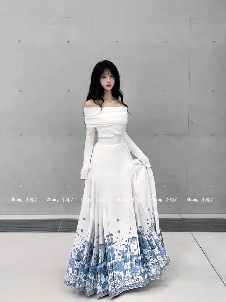 새로운 중식 국풍 화이트 Sansheng 모두 개선 한푸 말 얼굴 치마 세트 봄 여름 허리 수축 슬림해 보이는 반신 스커트 상세 이미지 2